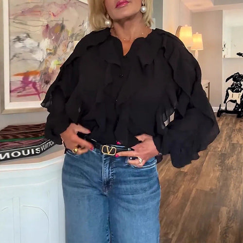 Damen nan semitransparente Lagenvolant-Bluse aus Chiffon mit Ballonärmeln und verdeckter Knopfleiste R&B