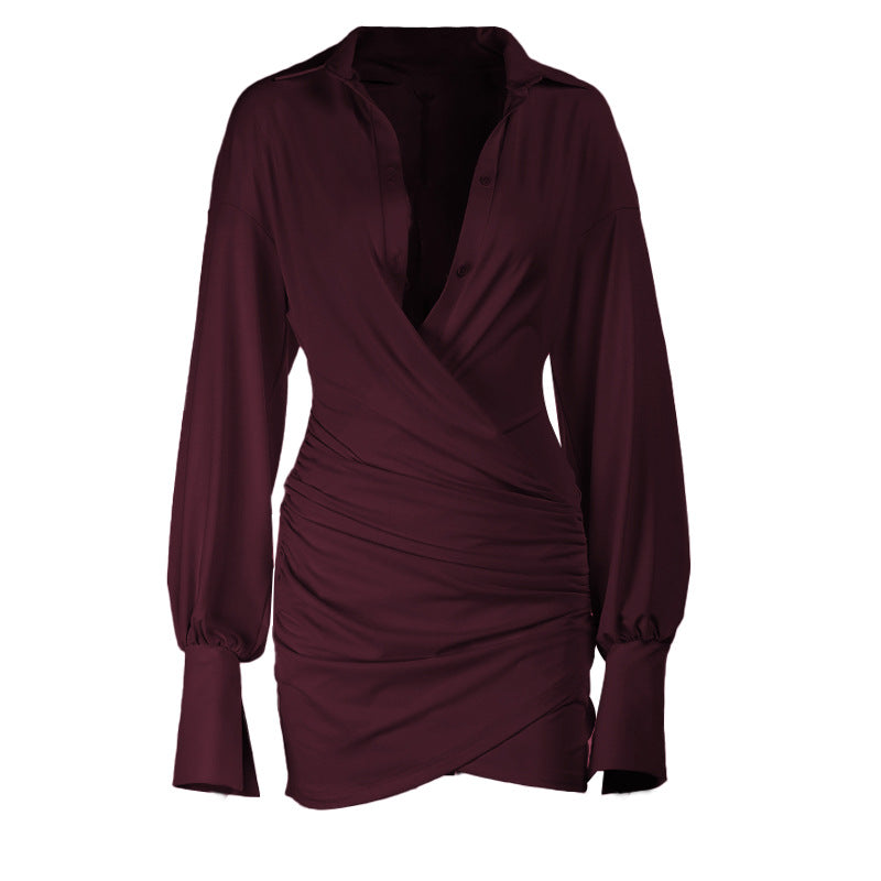 Damen schickes Wickelkleid mit tiefem V-Ausschnitt und langen Ärmeln R&B