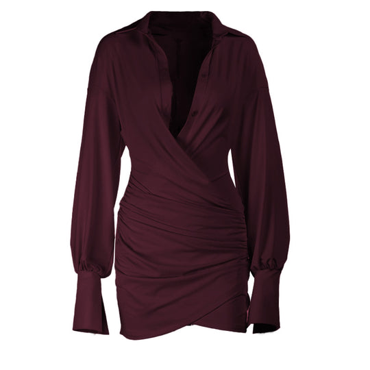 Damen schickes Wickelkleid mit tiefem V-Ausschnitt und langen Ärmeln R&B
