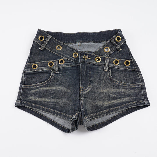 Damen Flared Jeans mit dekorativen Knopfdetails und modischemused Finish R&B