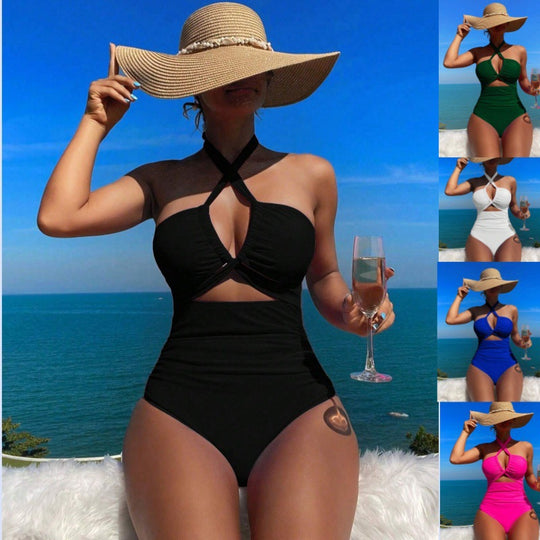 Damen einteiliger Badeanzug mit innovativem Cut-Out-Design und verspieltem Schleifenband R&B