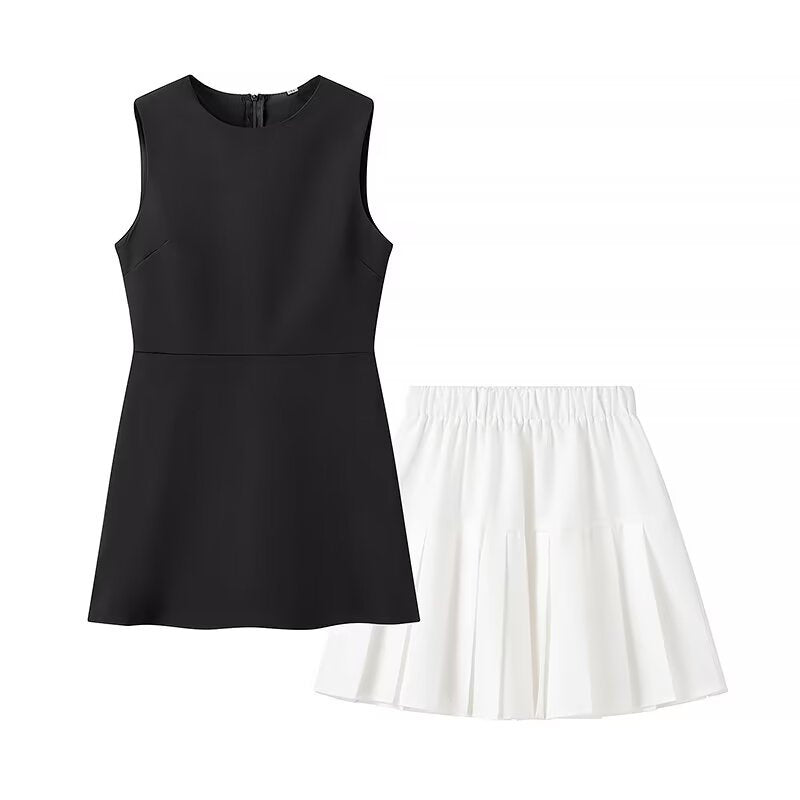 Damen elegantes ärmelloses Kleid mit hohem Kragen und schwingendem Rock R&B