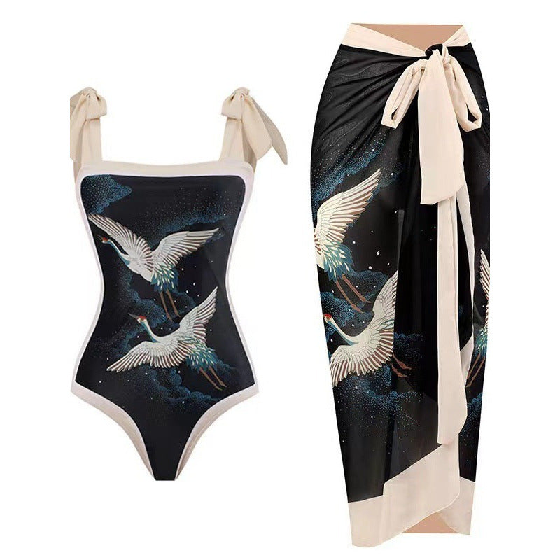 Damen Einteiliger Badeanzug mit stilvollem Wickelrock und modischem Muster R&B