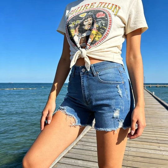 Damen Destroyed Denim-Shorts mit fransigem Saum und stylischen Rissdetails R&B