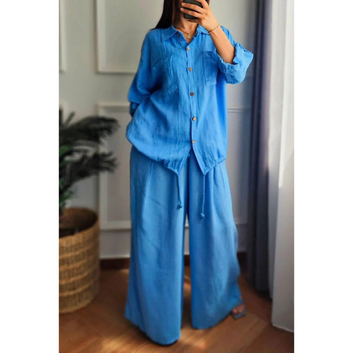 Damen Leinen-Set mit weiten Hosen undlässiger Bluse R&B