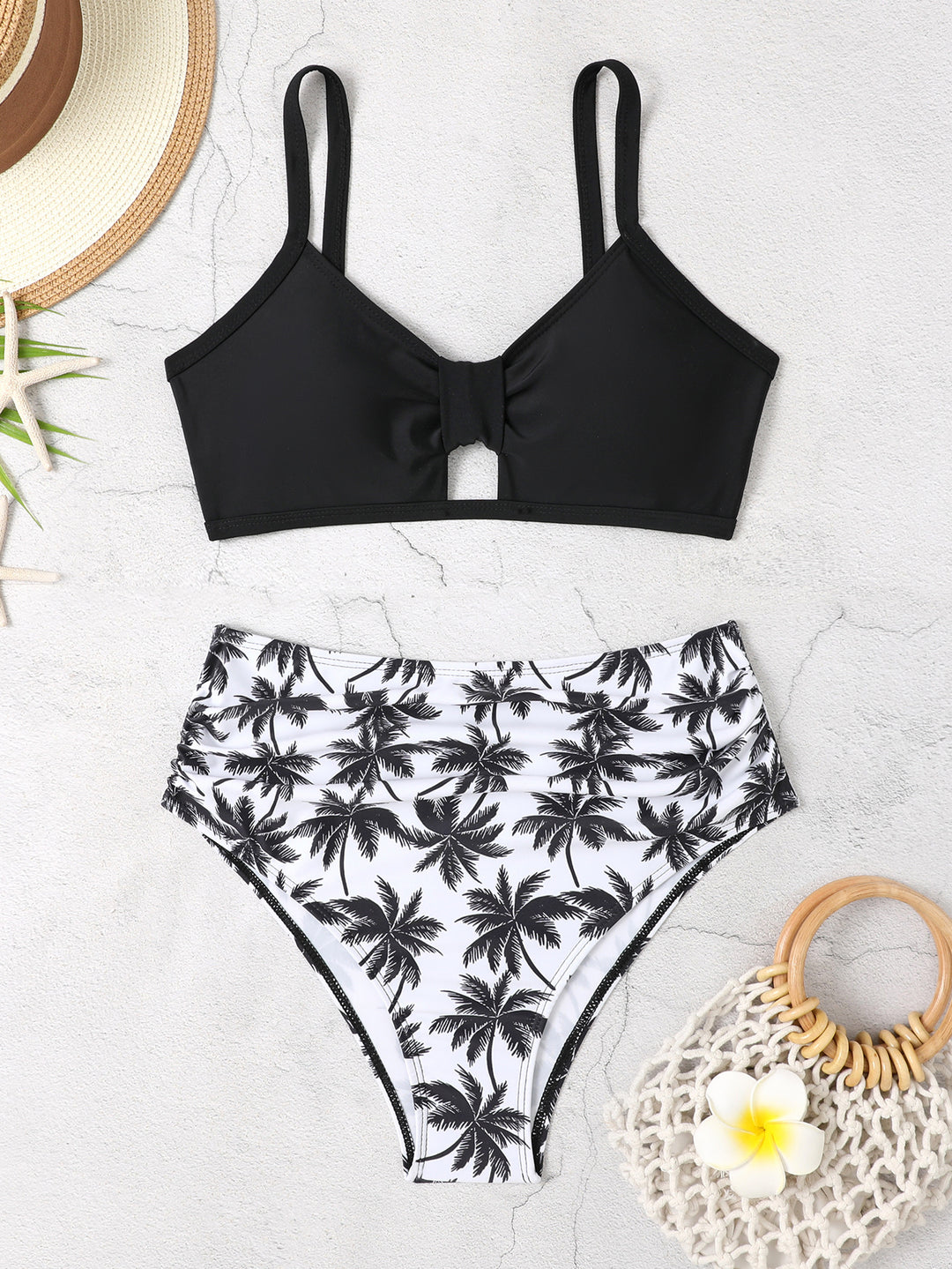 Damen Bikini-Set mit floralem Hochbund und modischem Knoten R&B
