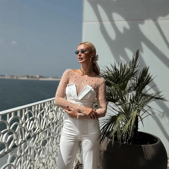 Damen eleganter Jumpsuit mit transparenten Ärmeln und Perlenverzierung R&B
