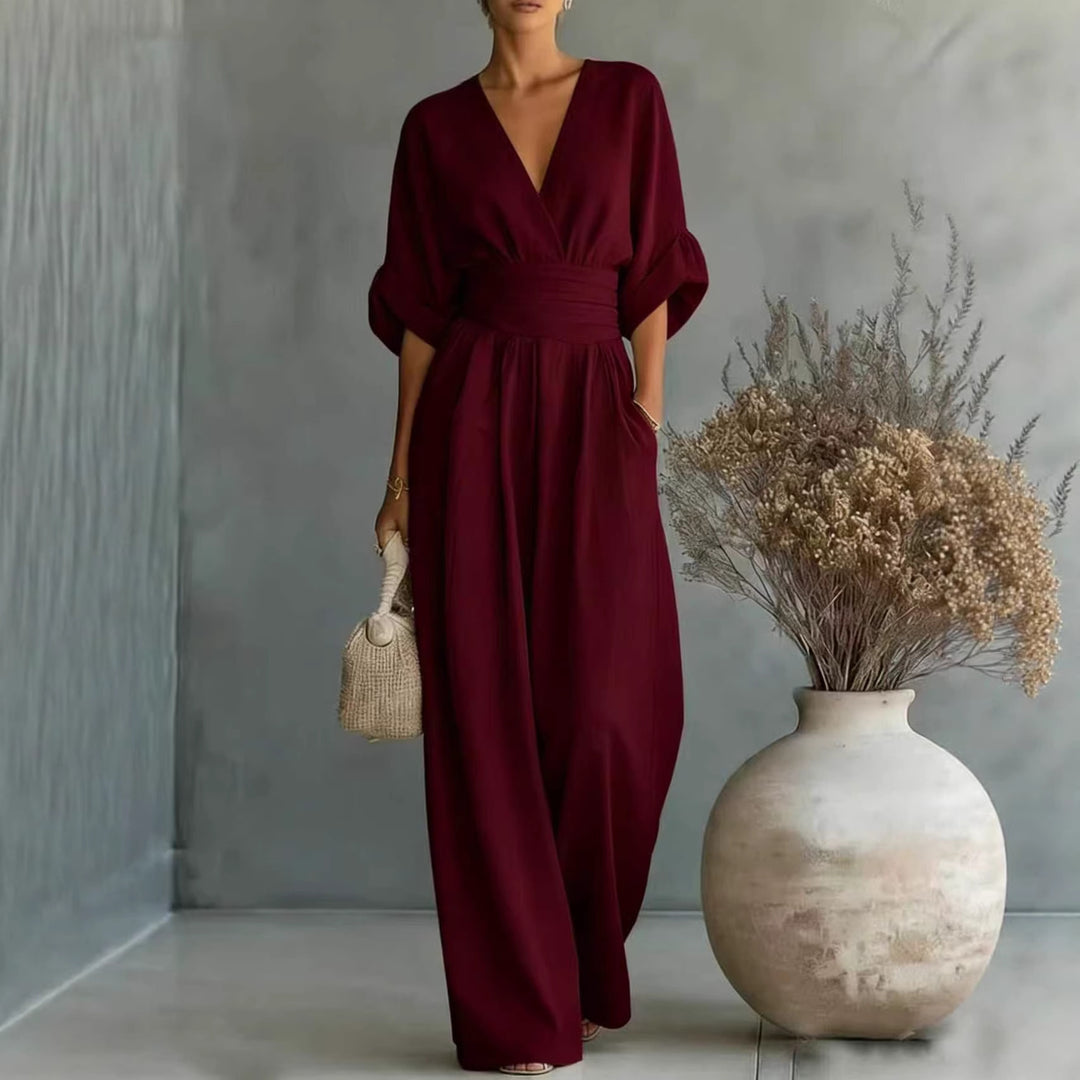 Damen Jumpsuit mit elegantem V-Ausschnitt und weitem Bein R&B