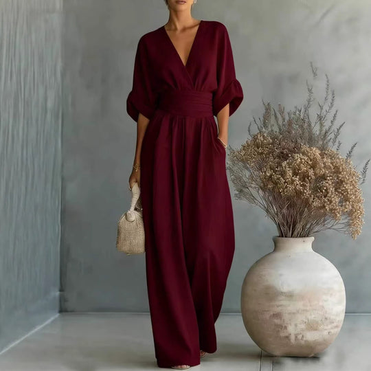 Damen Jumpsuit mit elegantem V-Ausschnitt und weitem Bein R&B