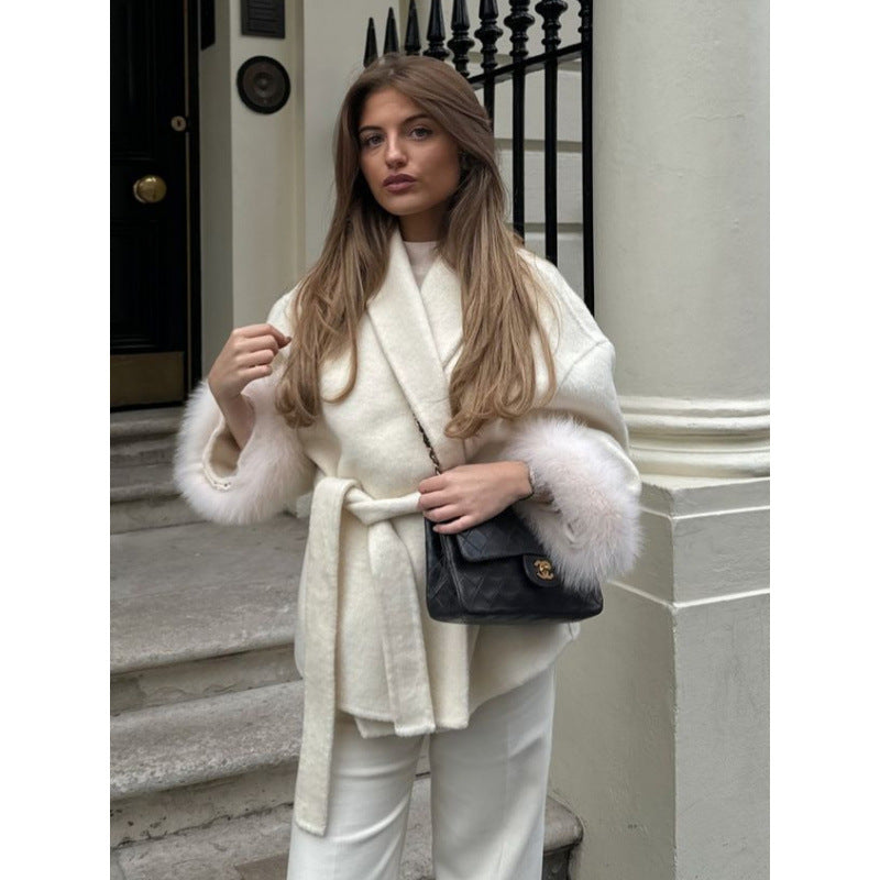 Damen Fuzzi-Robenjacke mit elegantem Gürtel und luxuriösen Ärmeln aus Plüsch R&B