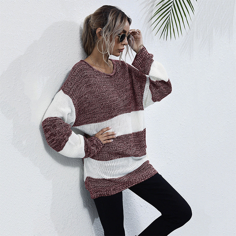 Damen Oversized Strickpullover mit gestreiftem Muster und lässigem Schnitt R&B