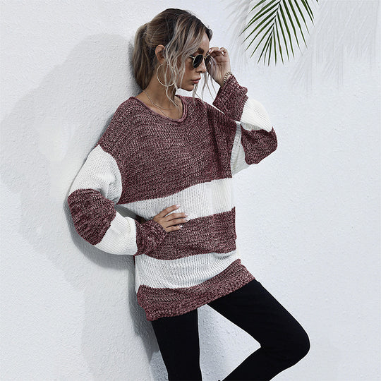 Damen Oversized Strickpullover mit gestreiftem Muster und lässigem Schnitt R&B