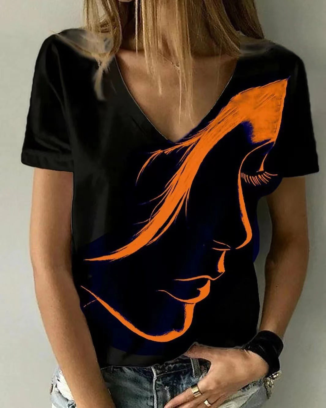 Damen V-Ausschnitt T-Shirt mit kreativem Grafikdruck R&B
