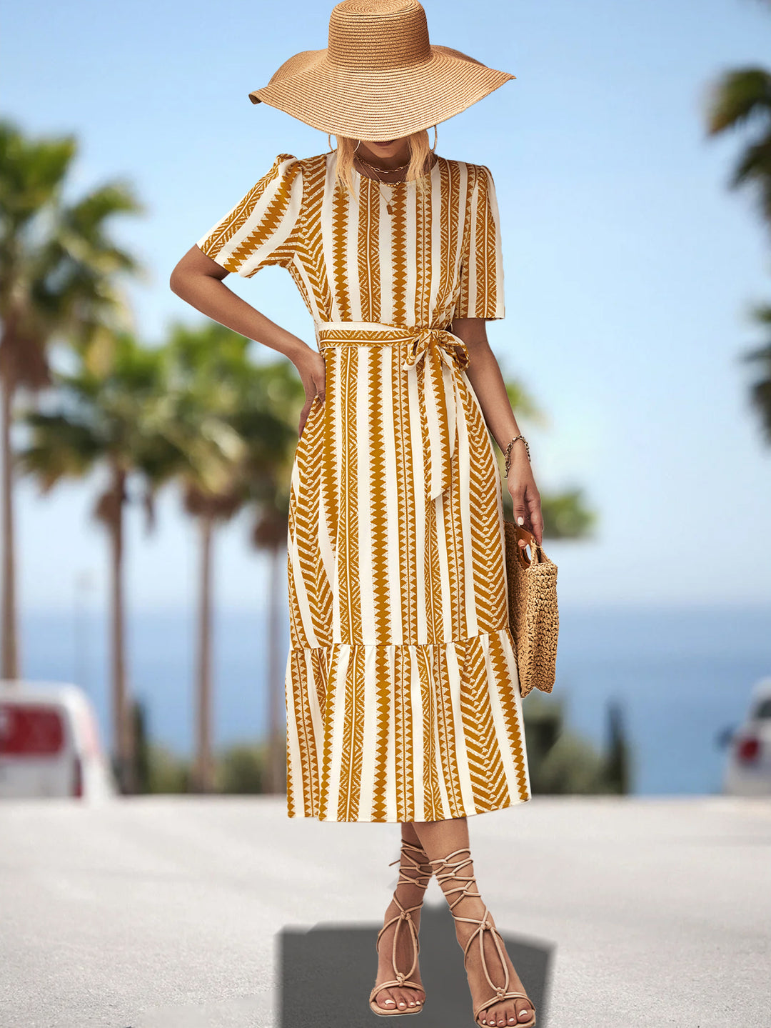Damen Midikleid mit schmeichelndem Gürtel und voluminösem Rock R&B