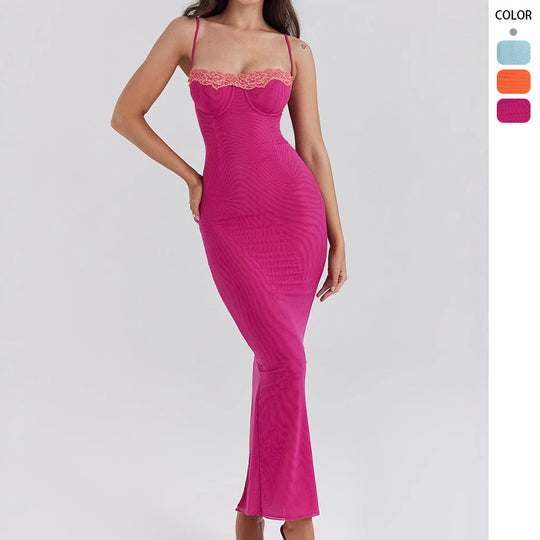 Damen figurbetontes Maxikleid mit transparentem Saum und romantischem Spitzenakzent R&B
