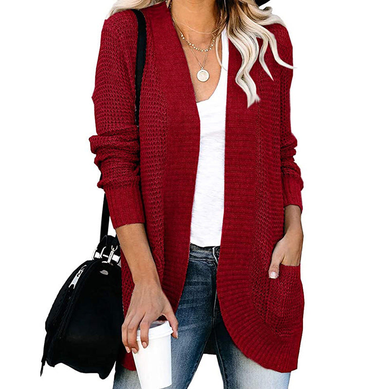 Damen lässige Strickjacke mit offenen Ärmeln und praktischen Taschen R&B