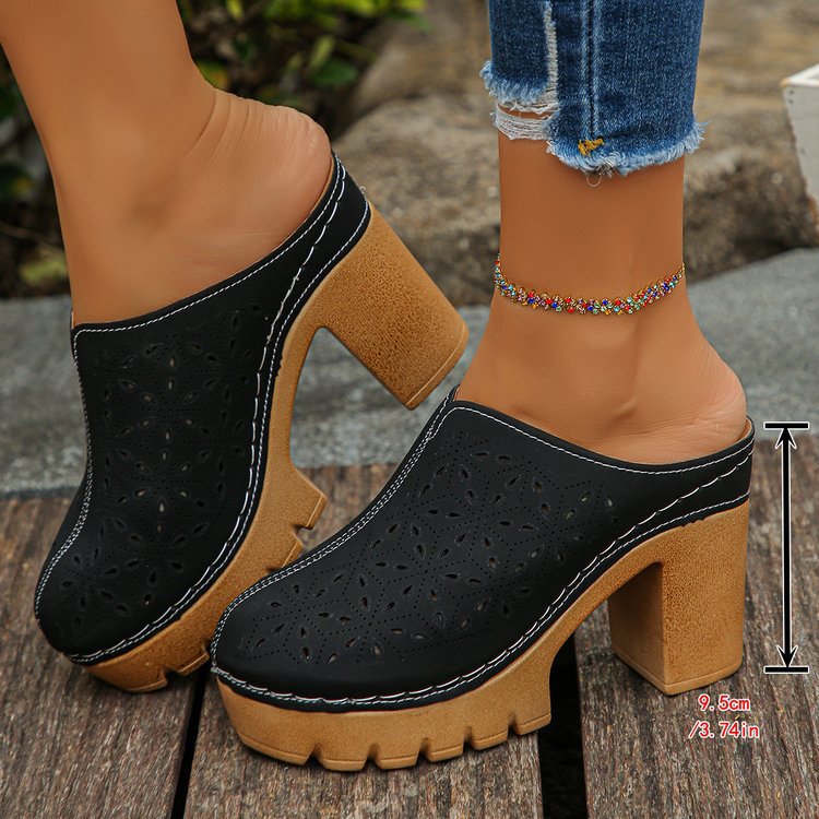Damen Offene Clogs mit floralem Cut-Out Design und klobigem Absatz R&B