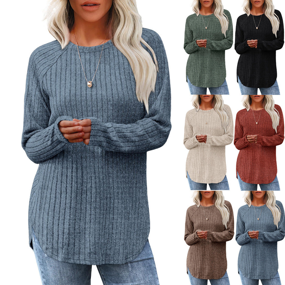 Damen lässiges Rippenstrickshirt mit langem Arm und Seitenschlitzen R&B