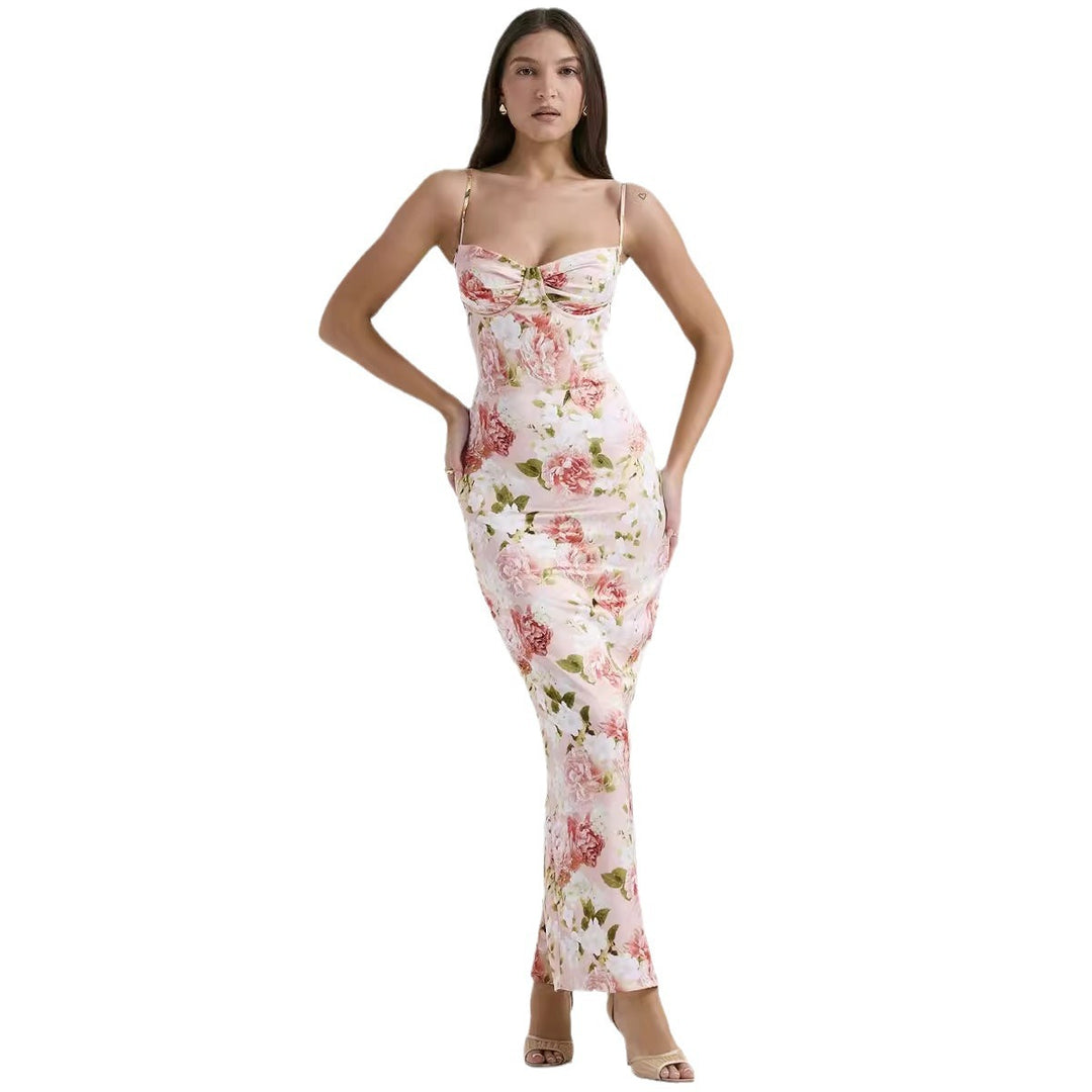 Damen Körperbetontes Maxikleid mit floralen Akzenten und verstellbaren Spaghettiträgern R&B