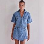 Damen Denim-Crop-Hemd mit aufgesetzten Taschen und passendem Rock R&B