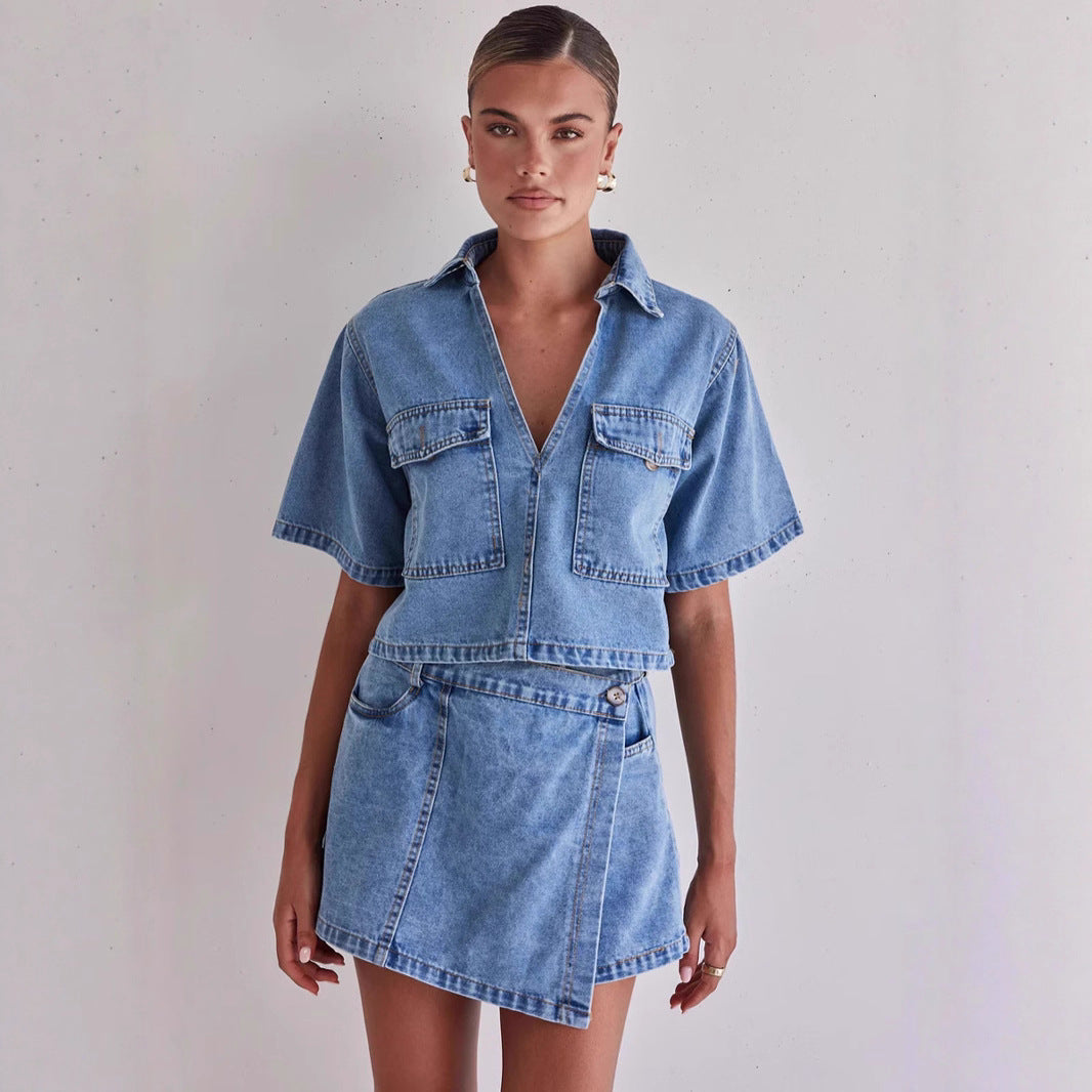 Damen Denim-Crop-Hemd mit aufgesetzten Taschen und passendem Rock R&B