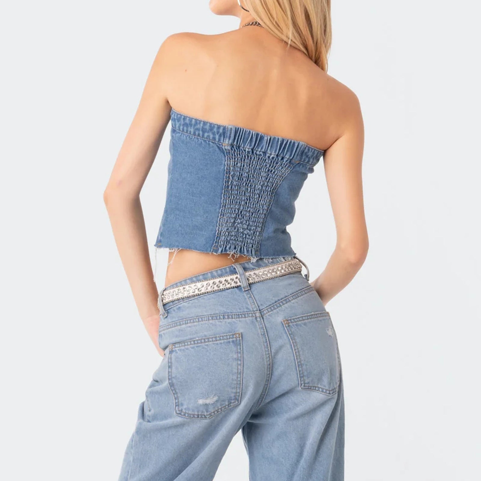 Damen Jeans-Top mit ärmellosem Design und Knopfleiste R&B
