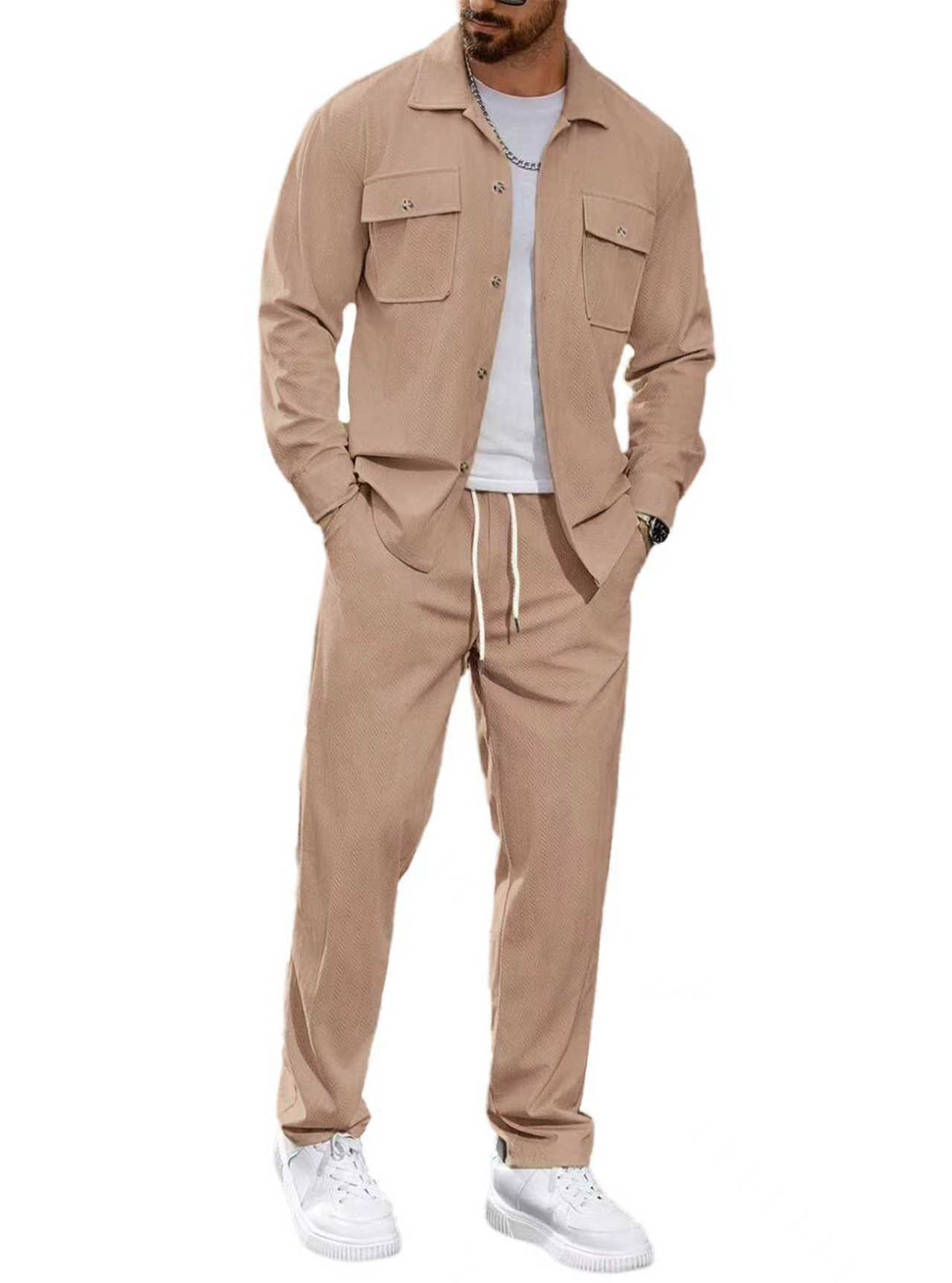 Herren nan lässiger Zweiteiler Hemdjacke mit aufgesetzten Brusttaschen und Kordelzughose R&B