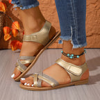 Damen modische Sandalen mit glitzerndem Kreuzriemen und komfortablem Klettverschluss R&B