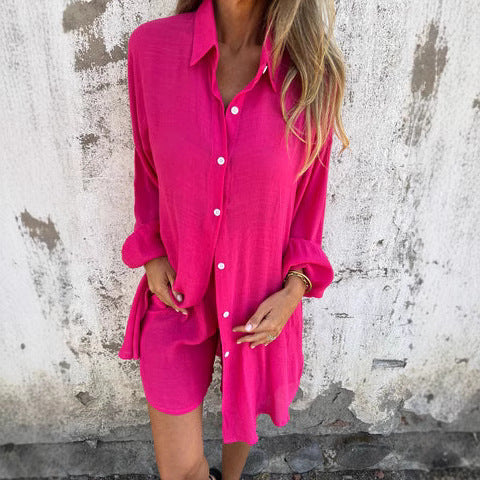 Damen Oversize Hemdkleid mit Knopfverschluss und Rollkragen R&B