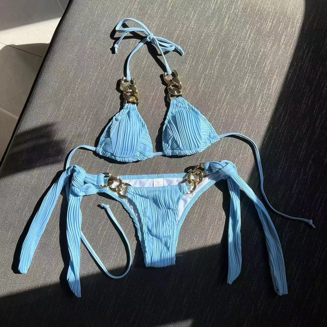 Damen Triangel-Bikini mit plissierten Details und goldenen Akzenten R&B