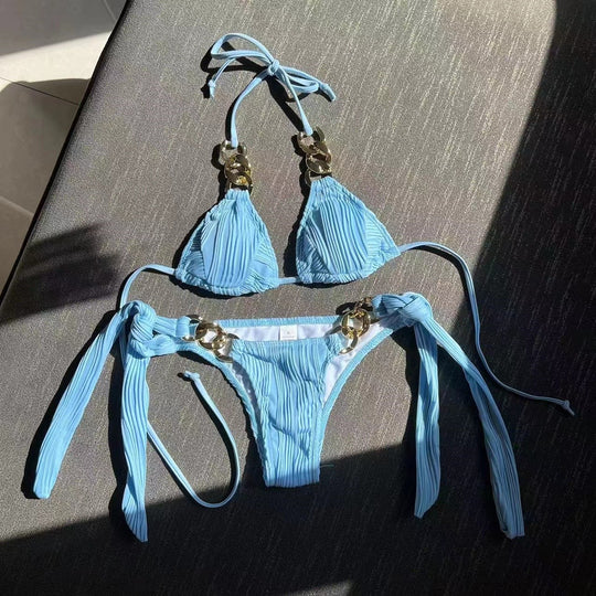 Damen Triangel-Bikini mit plissierten Details und goldenen Akzenten R&B