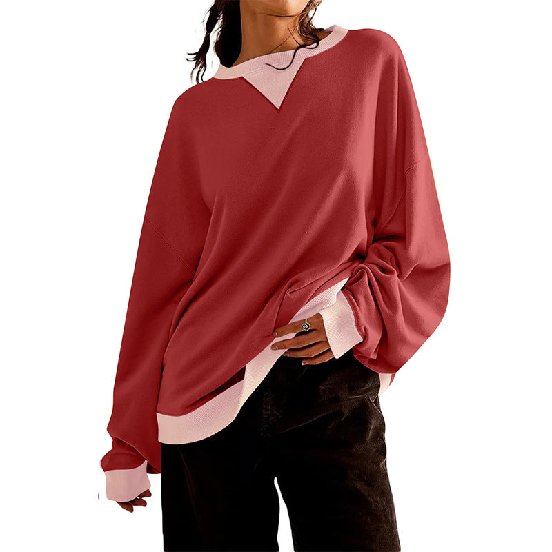 Damen lässiges Sweatshirt mit V-Ausschnitt und Kontrastbündchen R&B