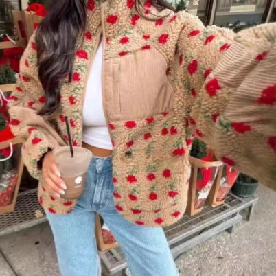 Damen nan Teddy-Fleece Jacke mit floralem Muster, Feincord-Einsätzen, Stehkragen und Reißverschluss R&B