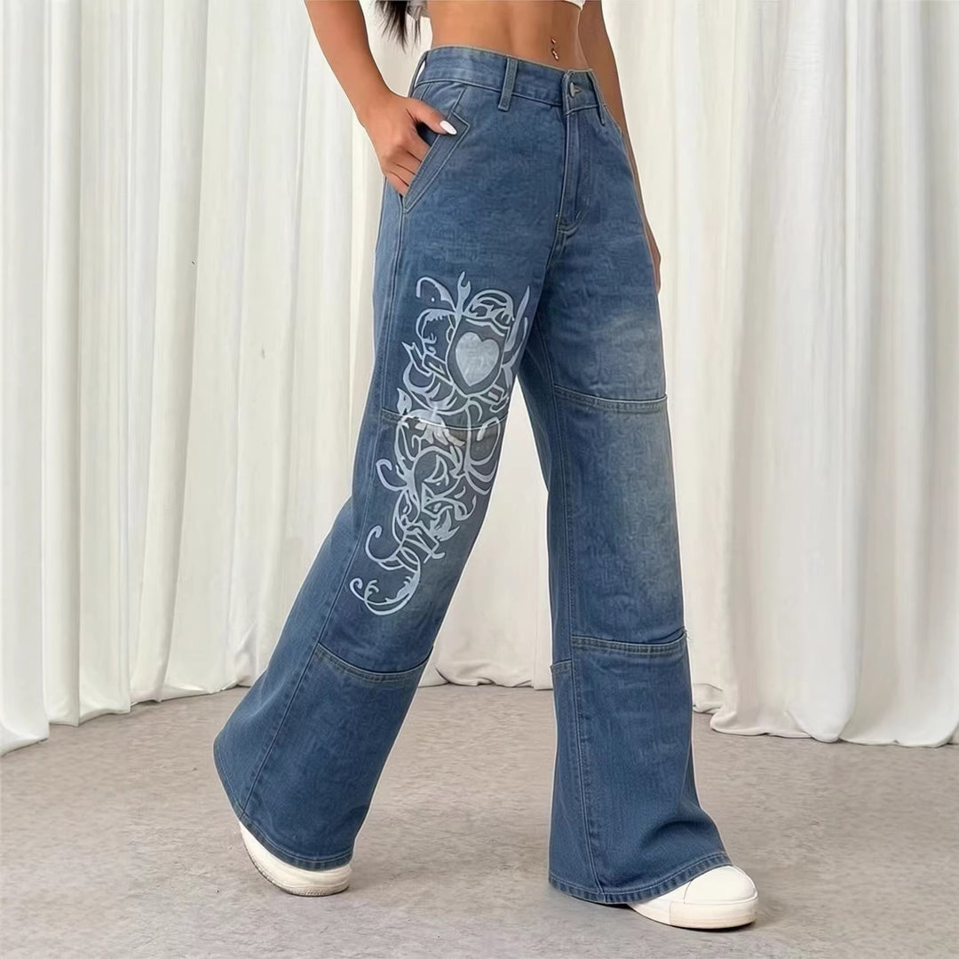Damen weite Jeans mit kunstvollem Aufdruck R&B