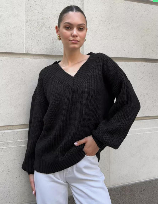 Damen lässiger Pullover mit V-Ausschnitt und voluminösen Ärmeln R&B