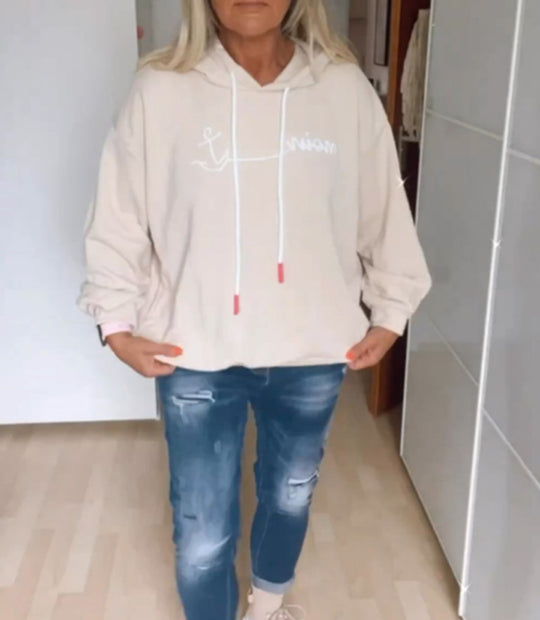 Damen nan lässiger Kapuzenpullover mit minimalistischer Liniengrafik, Kordelzug und geripptem Saum R&B