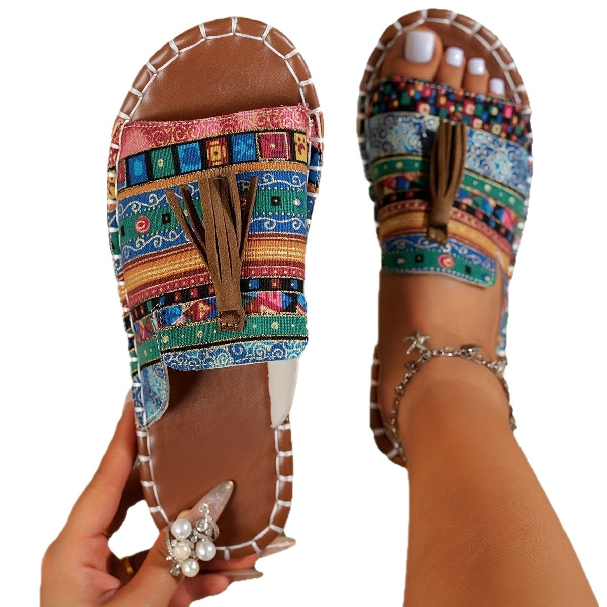 Damen Riemensandalen mit geflochtenem Muster und dekorativen Fransen R&B