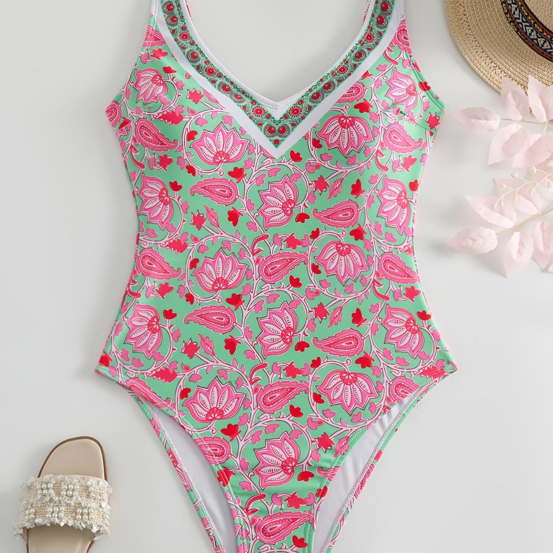 Damen Einteiliger Badeanzug mit floralem Design und modischen Trägern R&B