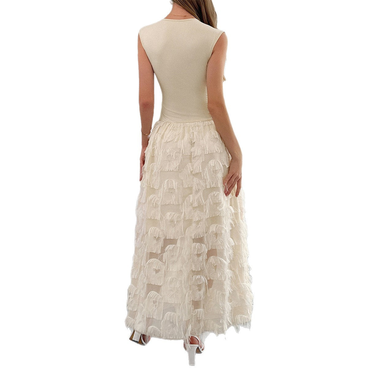 Damen Maxi-Faltenkleid mit Fransen R&B
