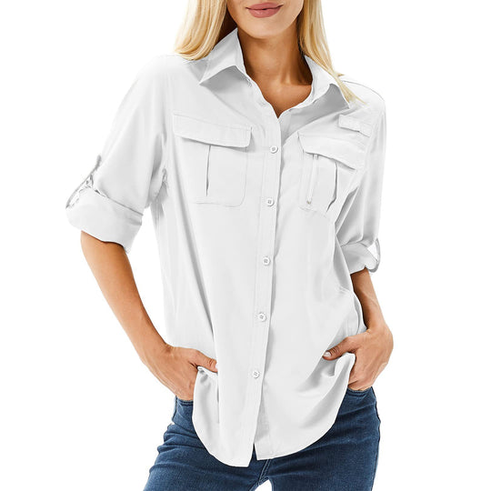 Damen lässige Bluse mit praktischen Taschen und umschlagbaren Ärmeln R&B