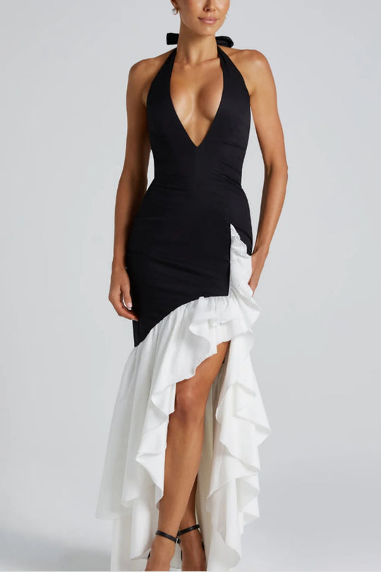 Damen Hochgeschlossenes Maxikleid mit Rüschen und tiefem V-Ausschnitt R&B