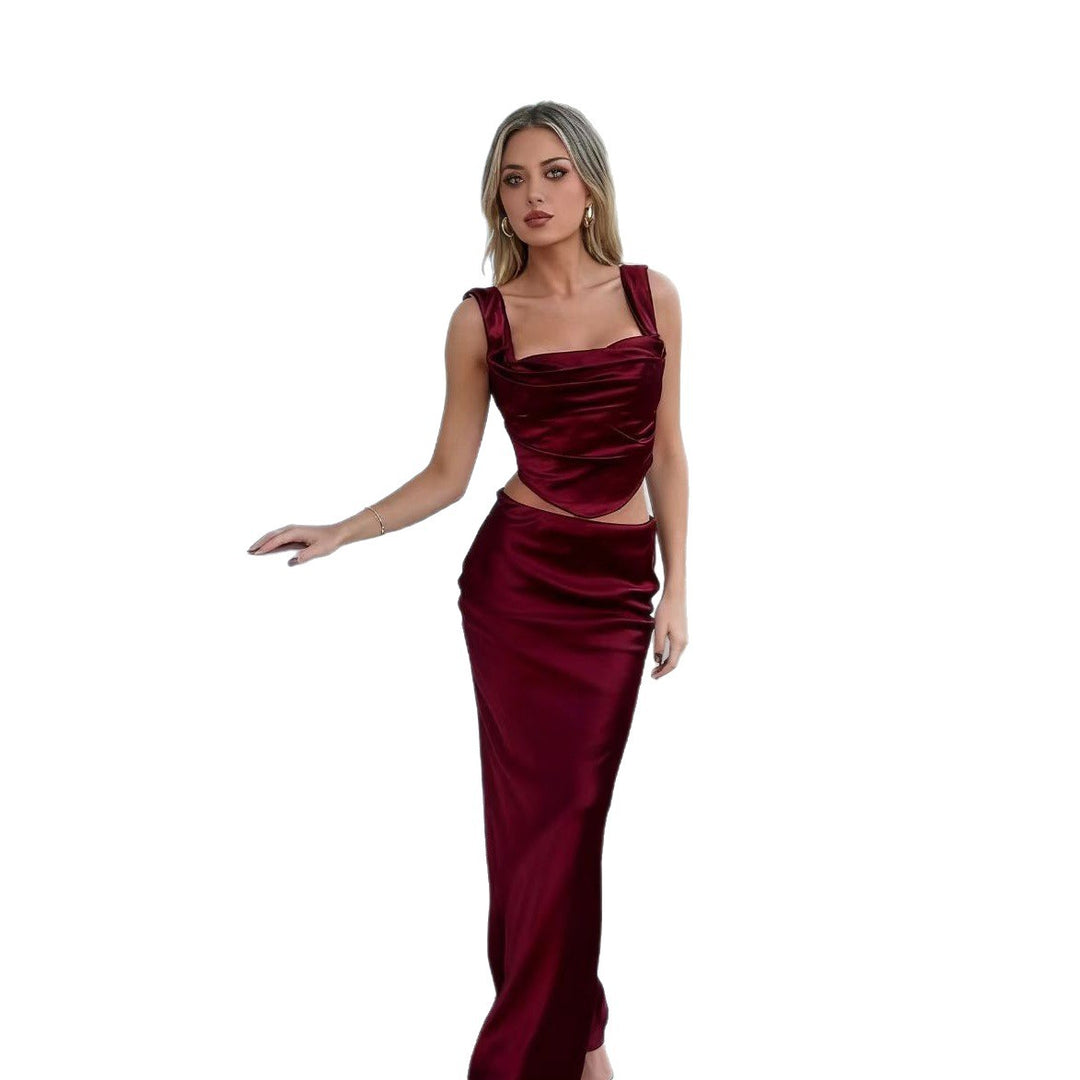 Damen Elegantes Satin Set mit tailliertem Oberteil und schwingendem Rock R&B