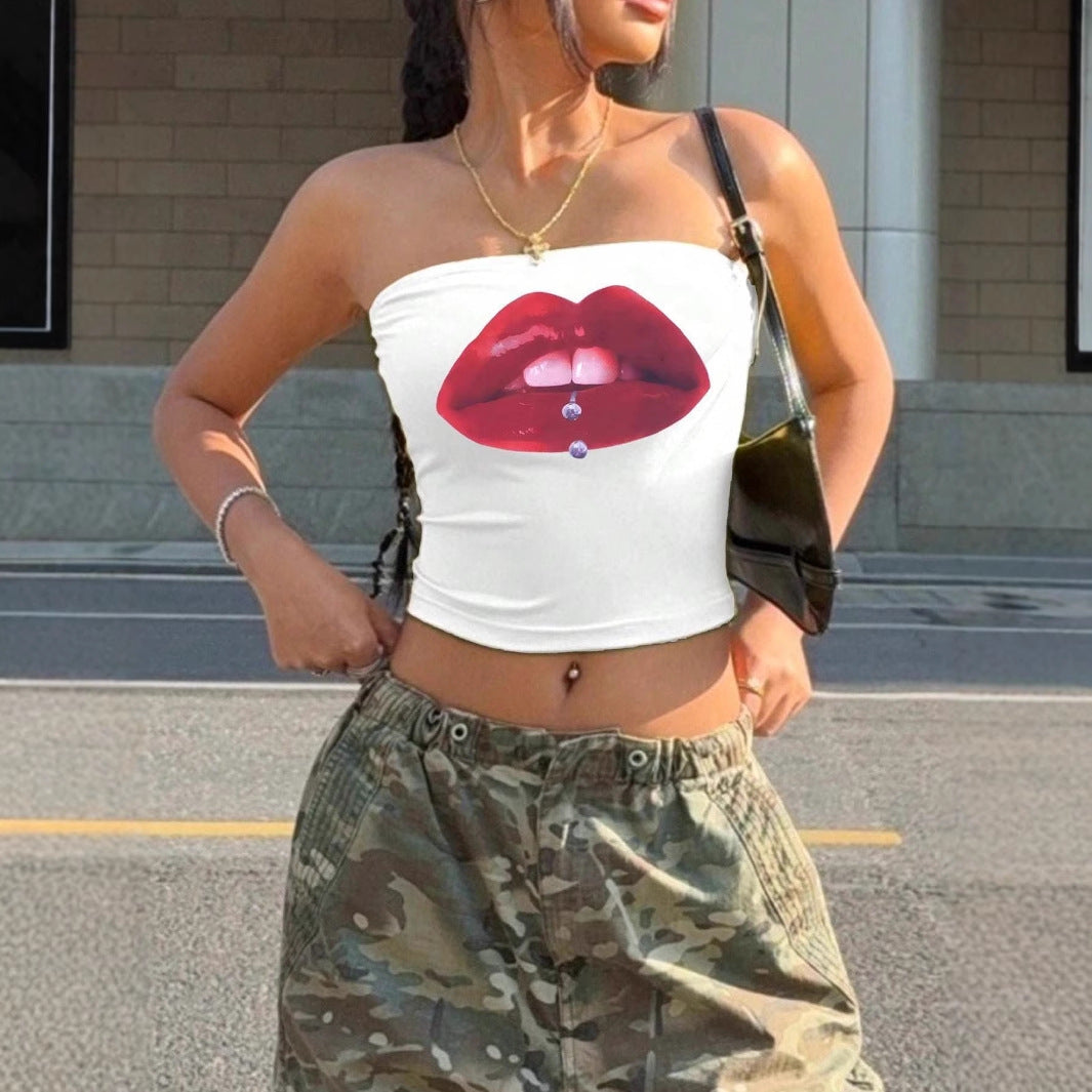 Damen Bandeau-Top mit auffälligem Lippenmotiv und figurbetontem Schnitt R&B