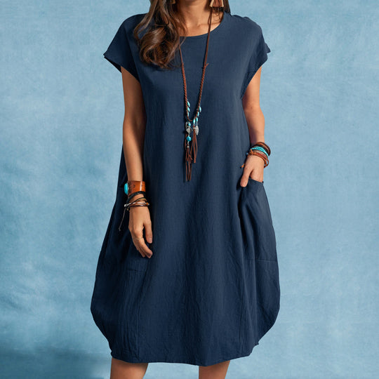 Damen lässiges Sommerkleid mit praktischen Seitentaschen und Rundhalsausschnitt R&B