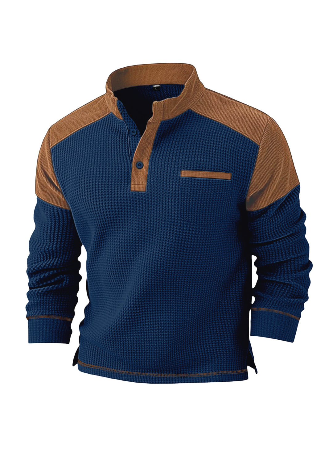 Herren nan Waffelstrick-Henley mit Stehkragen, Cord-Schulterpasse und Brustpaspel R&B