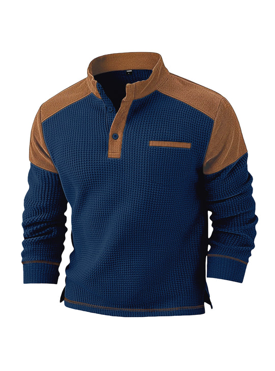 Herren nan Waffelstrick-Henley mit Stehkragen, Cord-Schulterpasse und Brustpaspel R&B