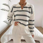Damen Strickpullover im lässigen Stil mit strukturiertem V-Ausschnitt und hellen Akzenten R&B