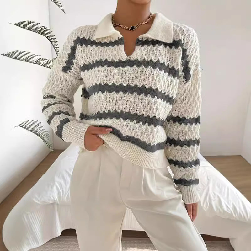 Damen Strickpullover im lässigen Stil mit strukturiertem V-Ausschnitt und hellen Akzenten R&B