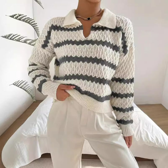 Damen Strickpullover im lässigen Stil mit strukturiertem V-Ausschnitt und hellen Akzenten R&B