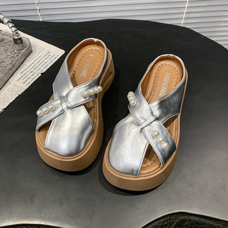 Damen Modische Plateau-Sandalen mit Perlenschmuck R&B